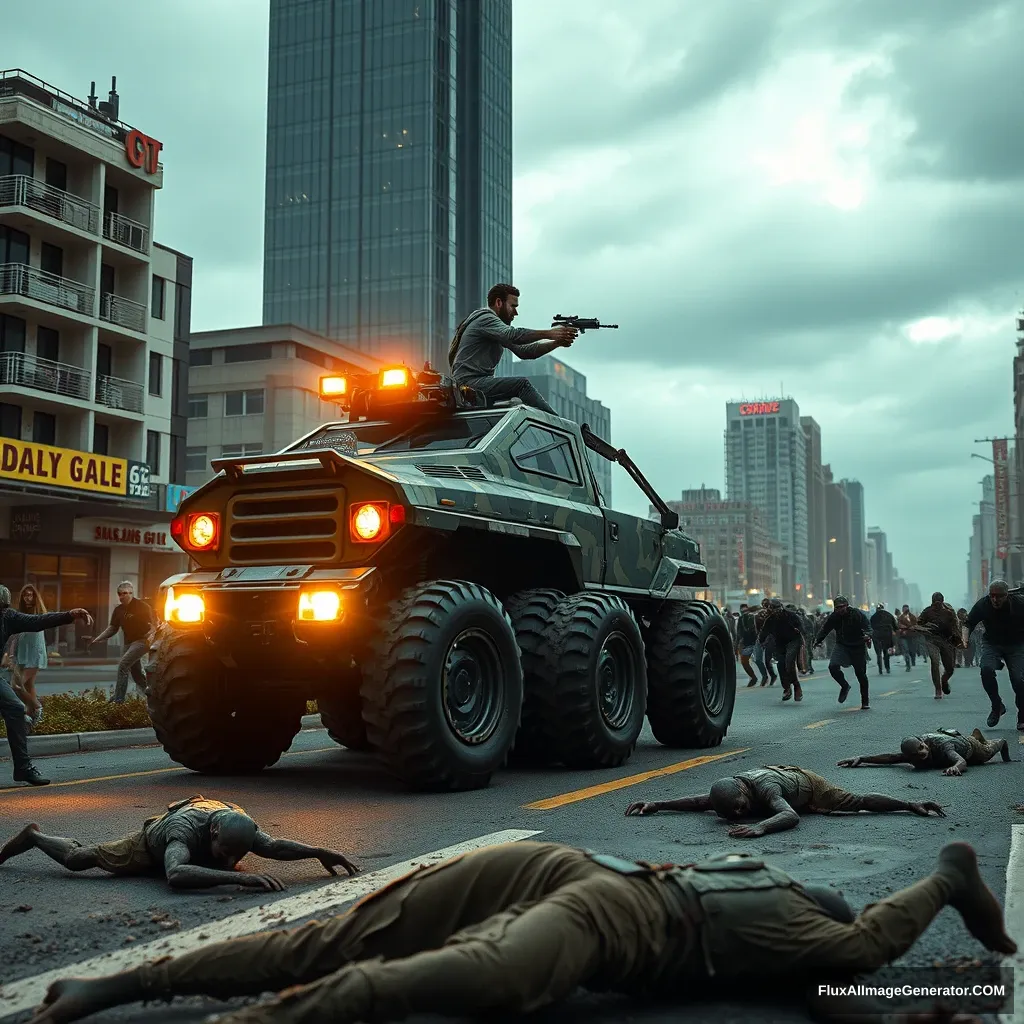 An award-winning cinematic shot of an ultra-futuristic city in a post-apocalyptic cyberpunk style, a 6-wheeled all-terrain vehicle is driving on the road, zombies are trying to catch up with the vehicle, a man is shooting at the zombies from the turret of the urban camouflage-colored all-terrain vehicle, gray sky, zombies are lying on the ground, others are running towards the vehicle, cinematic lights --ar 16:9 --stylize 250 --v 6.1.