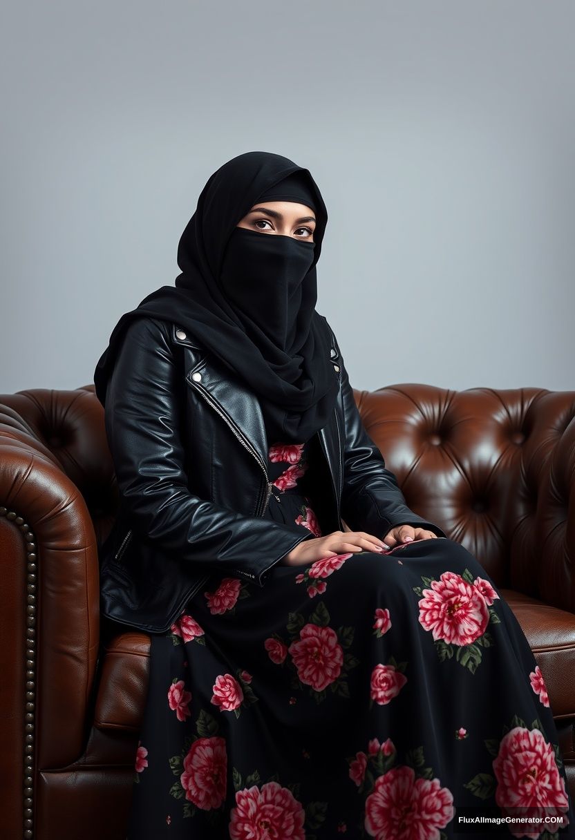 A biggest black hijab girl, burqa, beautiful eyes, black leather jacket, biggest floral long dress, sitting on leather single sofa, hyper realistic, studio photography.