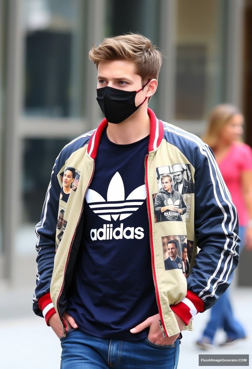 Jamie Dornan, youngest, black face mask, dark blue Adidas t-shirt, collage jacket, jeans, fit body.