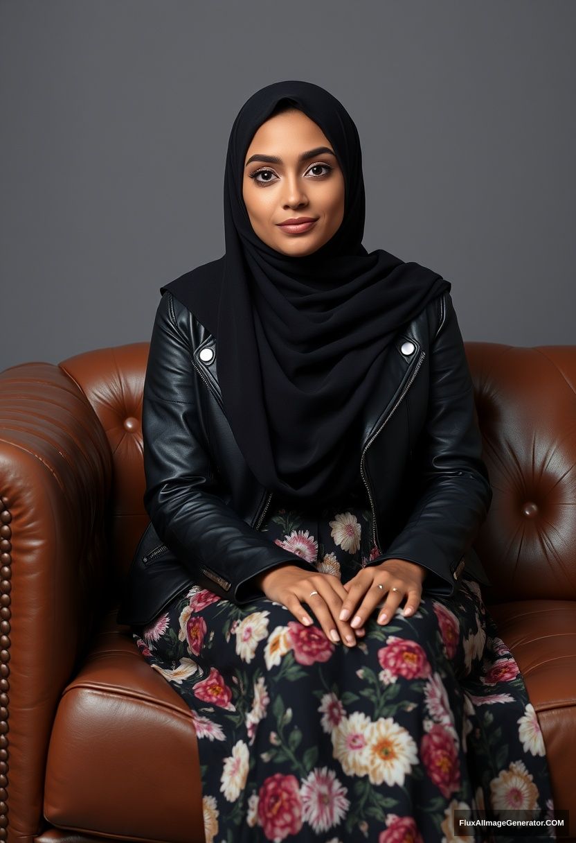 A biggest black hijab girl, beautiful purdah eyes, black leather jacket, biggest floral long dress, sitting on a leather single sofa, hyper-realistic, studio photography.