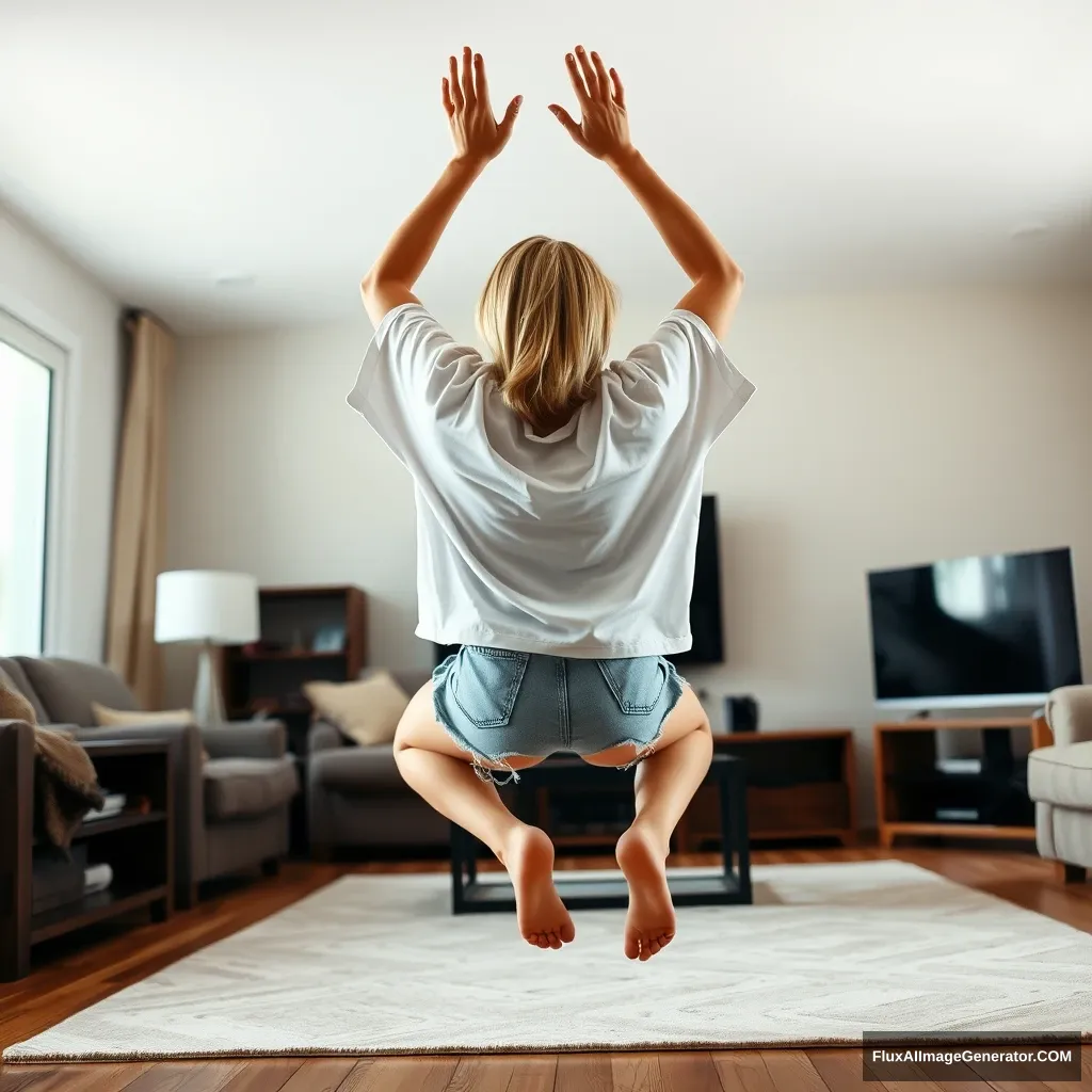 A side angle of a skinny blonde woman in her large living room, wearing an oversized white t-shirt that is very unbalanced on one of the sleeves, along with oversized light blue denim shorts. She is barefoot and facing her TV, diving headfirst with her arms raised below her head and her legs high in the air below her back, positioned at a 60-degree angle. - Image