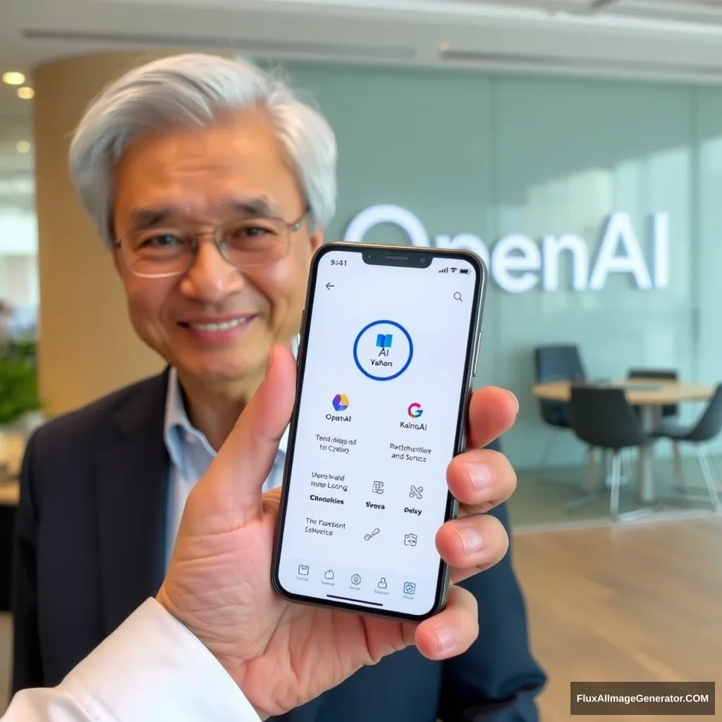 Singapore PM Lee Hsien Loong holds a phone, and the phone screen shows the KainoAI app, with the OpenAI office in the background. - Image