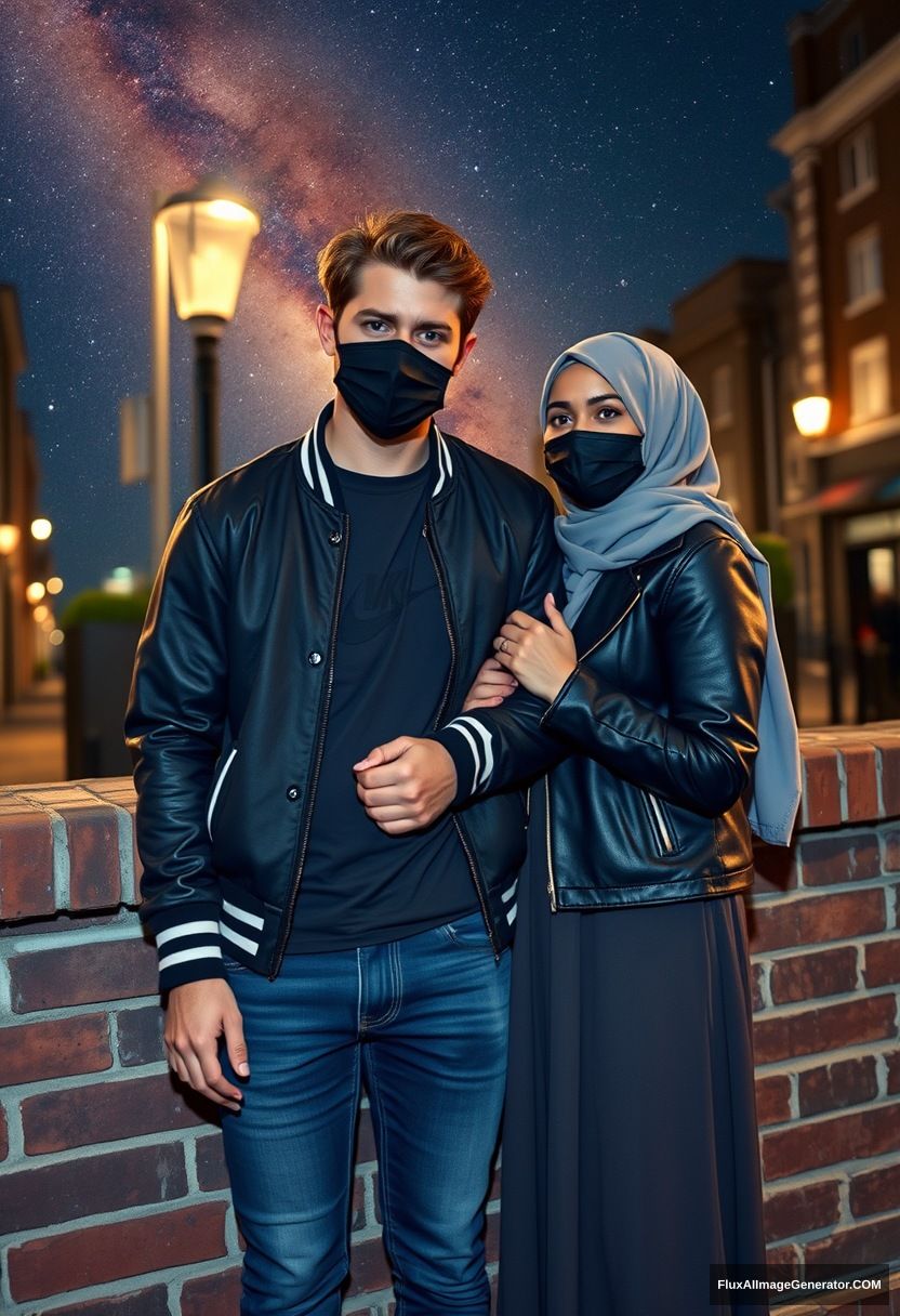 Jamie Dornan, youngest, black face mask, collage jacket, Nike t-shirt, jeans, tall man, fit body,

Dating, love with the biggest grey hijab Muslim girl, beautiful eyes, black face mask, leather jacket, biggest longest skirt, slim untall girl, holding his arm

standing at a brick wall, in town, night scenery, Milky Way, hyper-realistic, photorealistic, street photography. - Image