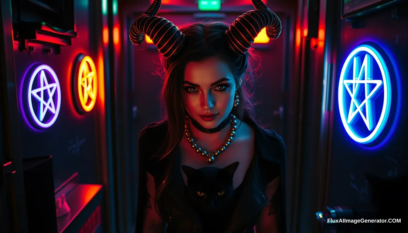 A striking portrait of a beautiful goth woman demon entering a dimly lit cyberpunk room, vibrant neon hues reflecting off metallic surfaces, with glowing pentagrams on the walls and a lurking black cat.