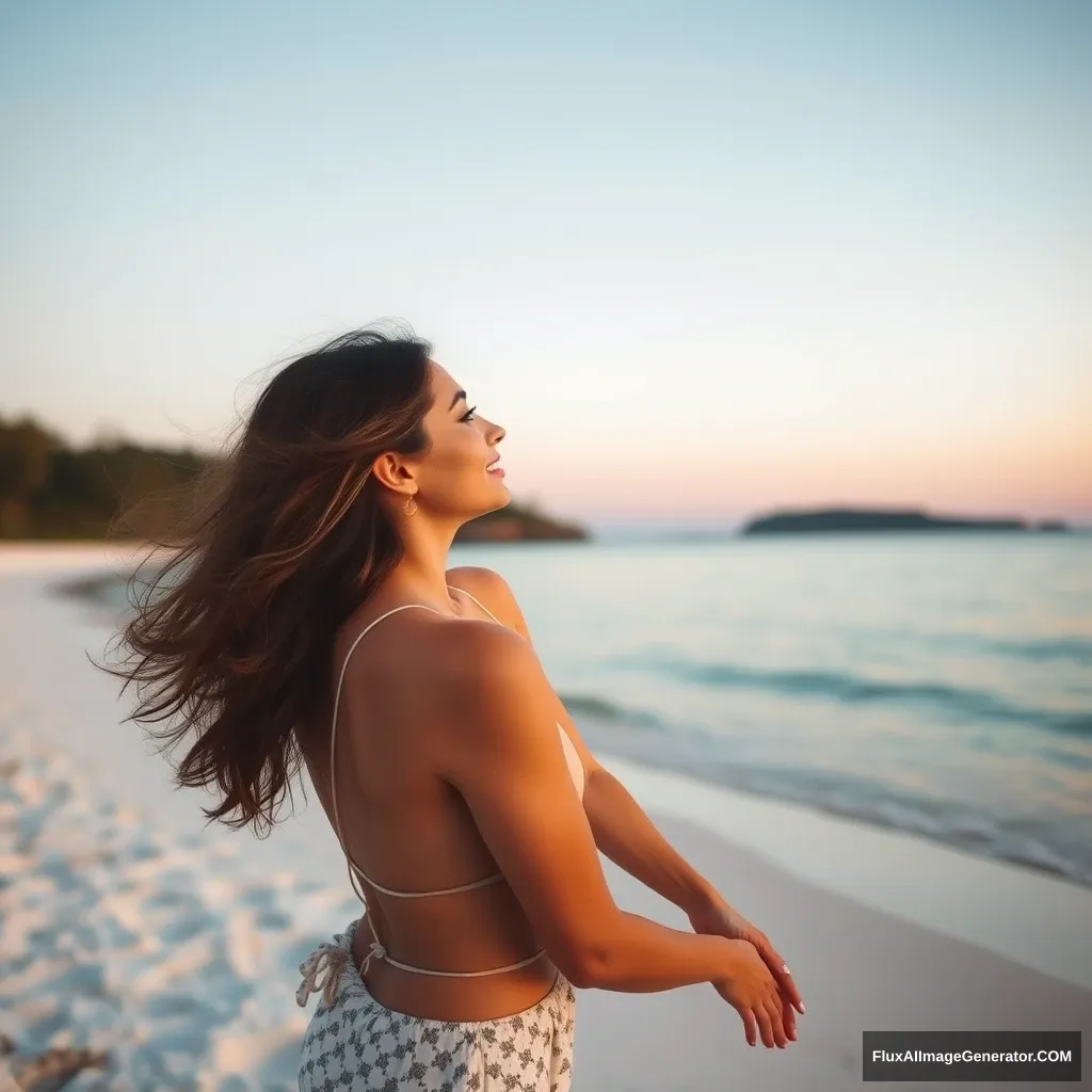 woman on the beach, evening on white sand beach