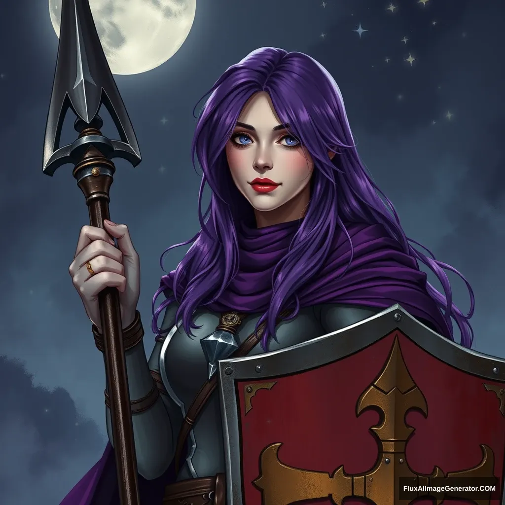 A purple-haired woman night Templar with a shield and lance.