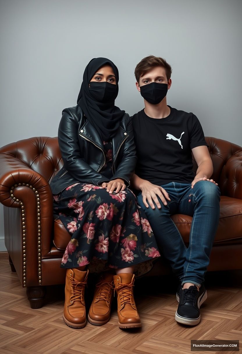 A biggest black hijab girl, slim girl, beautiful eyes, face mask black, black leather jacket, biggest floral long dress, Timberland boots, sitting on a leather single wing sofa,

Jamie Dornan, youngest, wearing a black Puma t-shirt, jeans, black leather sneakers, tall man, face mask black, fit body, sitting near her,

hyper realistic, studio photography.