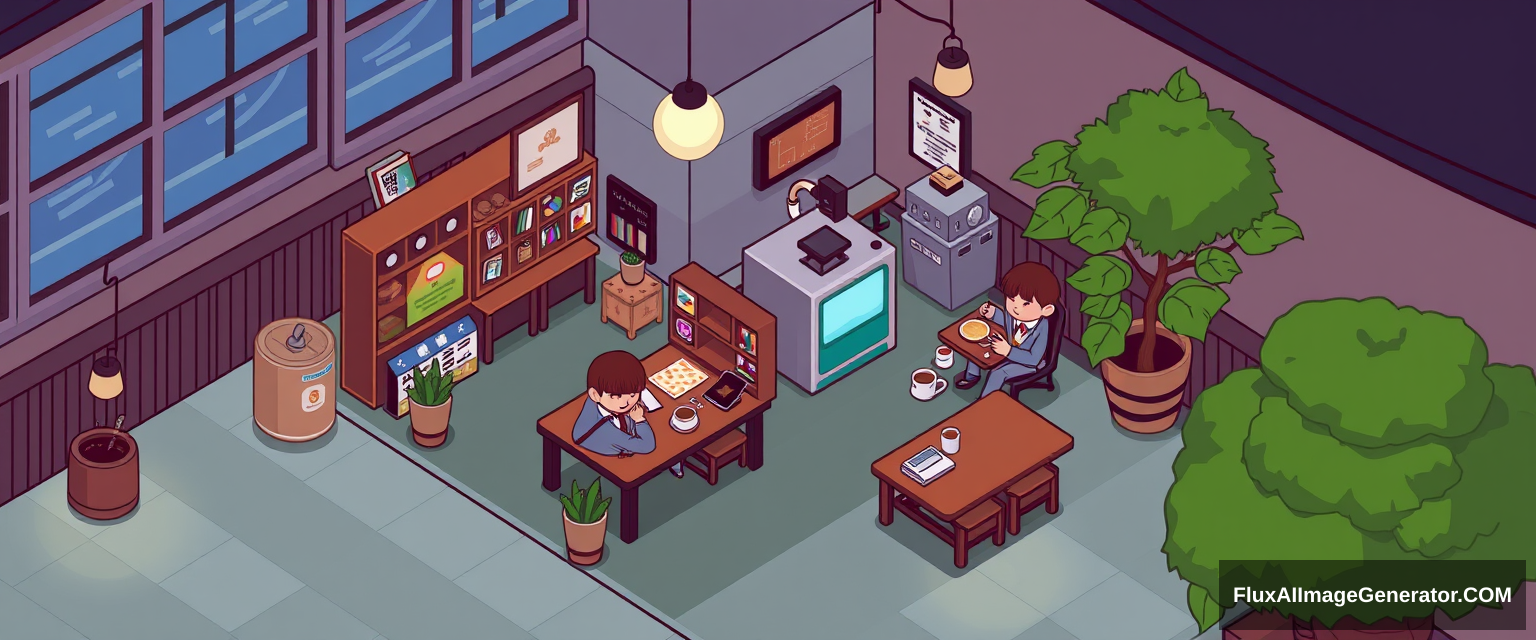 Top-down pixel art isometric coffee shop cartoon stylized style with yokai clients and midnight theme. - Image