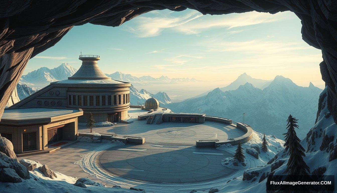 Cel shaded art, wide shot, a sci-fi center on the top of a snowy mountain, open air, close look, cyberpunk, military base, Star Wars style, indoor, patio, morning, sunlight, fortress, mountain, rock, snow, tarmac, parking apron, cave, tree, landing field, cliff, round shape, tower.