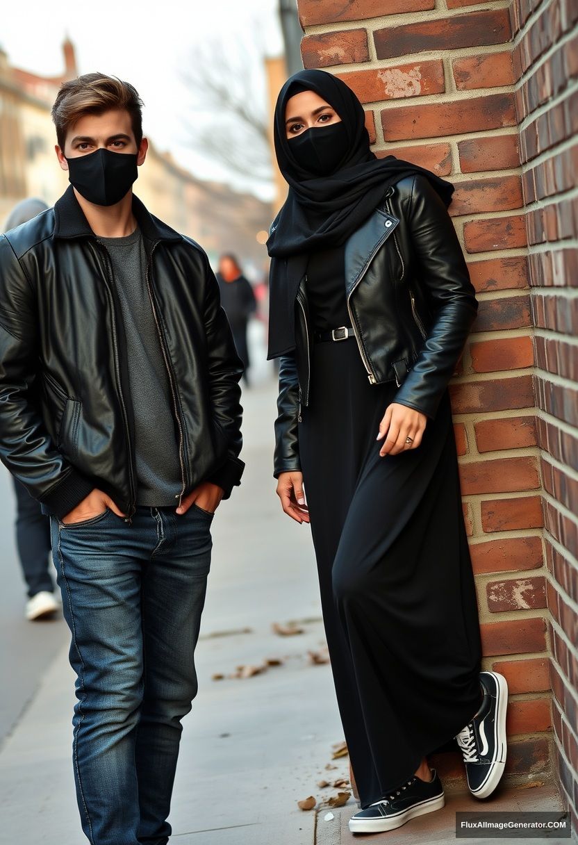 Jamie Dornan, handsome, young, black face mask, collage jacket, jeans, dating a beautiful Muslim girl in the biggest black hijab, with beautiful eyes, black face mask, black leather jacket, sneakers, wearing the longest skirt while standing or lying against a brick wall, in a town, morning scenery, photorealistic, street photography.