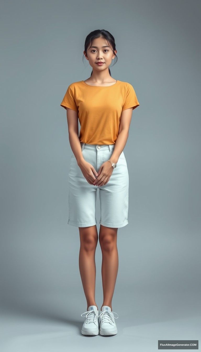 A woman from Asia, standing posture, hands naturally down, wearing sneakers, full-body photo, facing the camera, high definition, 8K resolution.