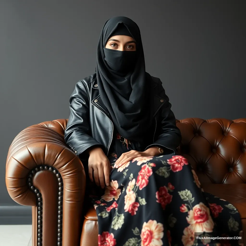 A biggest black hijab girl, burqa, beautiful eyes, black leather jacket, biggest floral long dress, sitting on leather single sofa, hyper realistic, studio photography. - Image