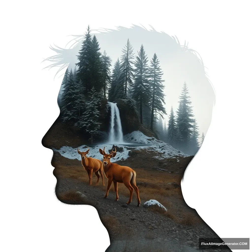 "[Abstract style waterfalls, wildlife, snowing] inside the silhouette of a [man]'s head that is a double exposure photograph. Non-representational, colors and shapes, expression of feelings, imaginative, highly detailed." - Image