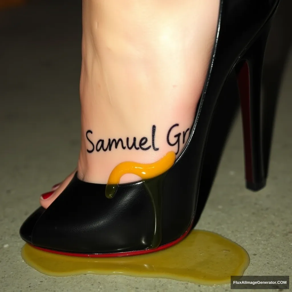 The name "Samuel Greg" on a woman's foot in a black high heel. There is oil all over the foot. - Image