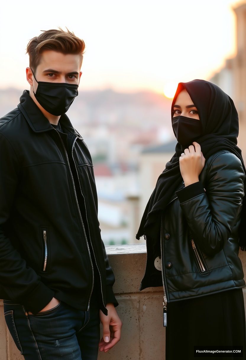 Jamie Dornan, handsome, young, black face mask, collage jacket, jeans, dating a beautiful Muslim girl in a black hijab with beautiful eyes, black face mask, black leather jacket, standing against a wall, town, morning scenery, sunrise, photorealistic, street photography.