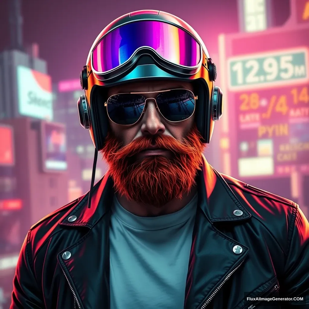 Hyper-realistic digital illustration: rugged man, fiery red beard, reflective aviator sunglasses. Sleek black leather jacket, crisp white t-shirt. Futuristic, iridescent helmet with holographic HUD. Cyberpunk cityscape backdrop. Atmospheric neon glow. Determined expression. Inspired by 80s retro-futurism. Ultra-detailed, cinematic lighting. - Image