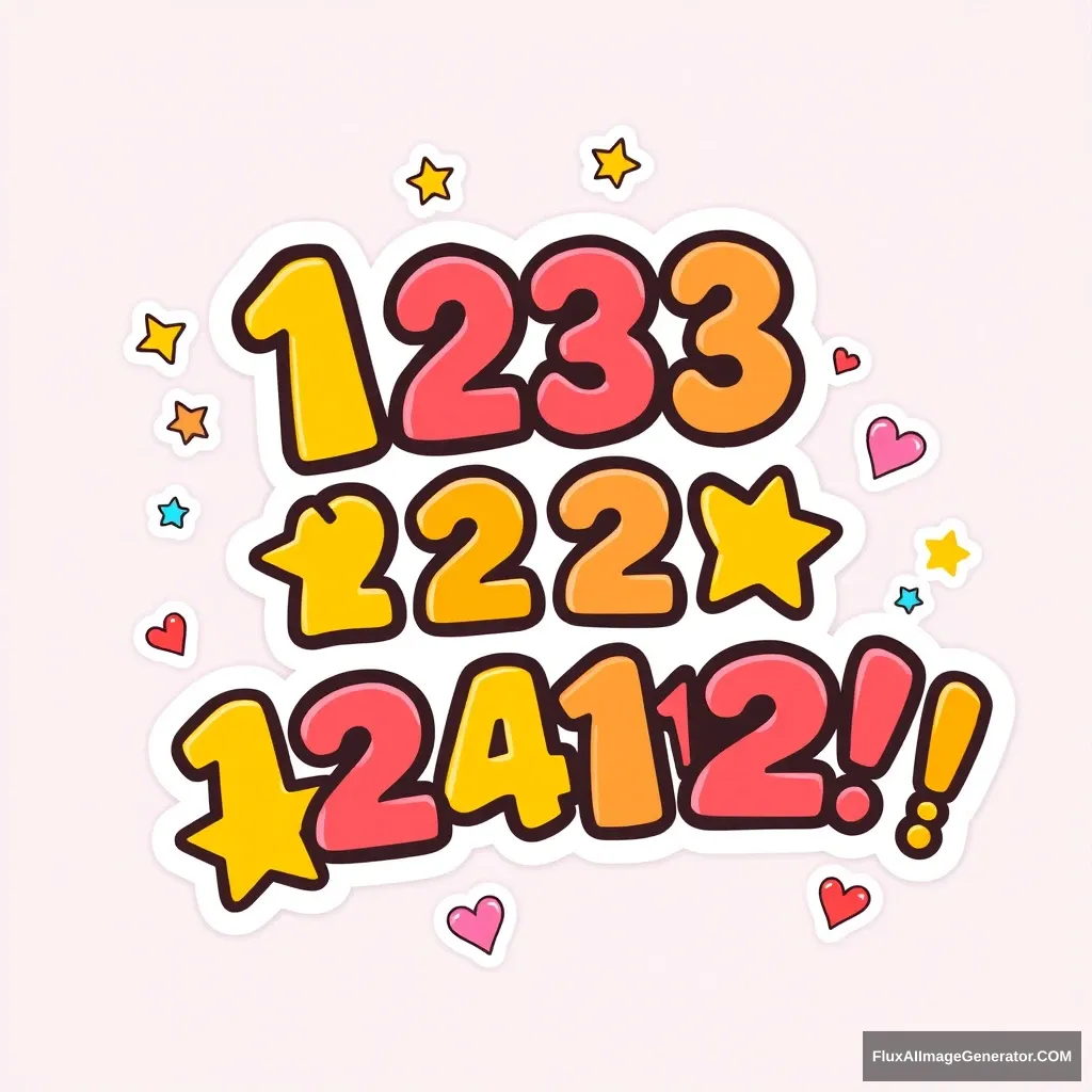 A vibrant cartoon-style sticker design featuring the encouraging phrase '12312312312!' in bold letters, surrounded by colorful stars and hearts.