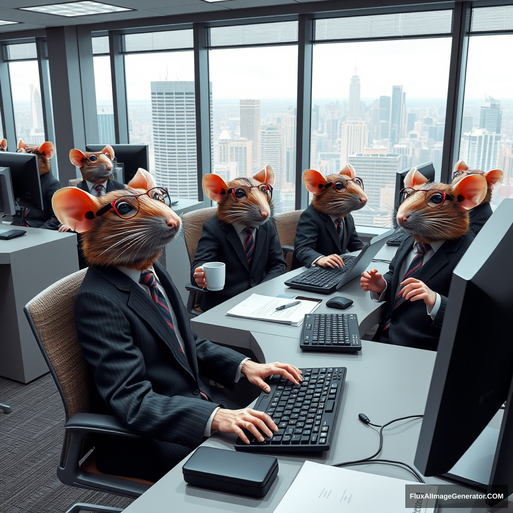 a photograph of A busy office scene where several anthropomorphic rats are dressed in business attire, sitting at desks, and working on computers. The rats are wearing small tailored suits, ties, and glasses, with some typing on keyboards, others on video calls, and a few holding coffee mugs. The office is modern with sleek furniture, large windows, and a view of a bustling city in the background. The atmosphere is professional, yet humorous, as the rats are fully engaged in typical office tasks, with detailed facial expressions showing concentration and determination.