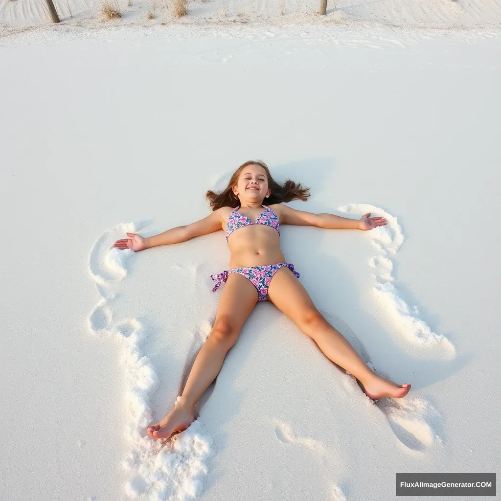 Create a photo: A girl is wearing swimwear and making a snow angel in the sand on the beach. - Image