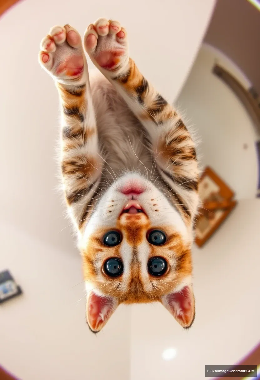 Kitten, flipped upside down, looking towards the camera, panoramic view, light tracing, global lighting effects, 2k. - Image