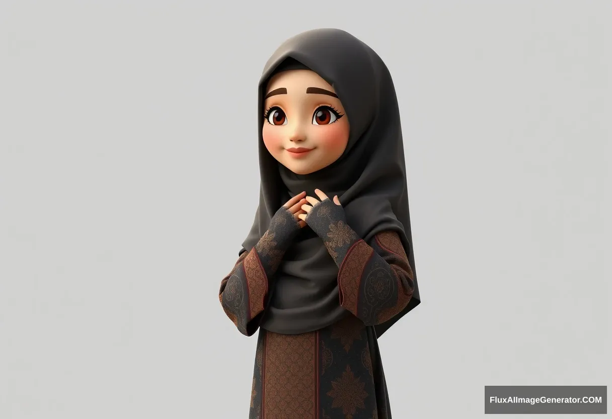 A 3D, 8k animated cartoon depiction of a Muslim woman from Palembang, wearing a traditional long songket and a long gown (gamis). She is adorned with a hijab that covers her chest and wears batik gloves covering her hands. - Image