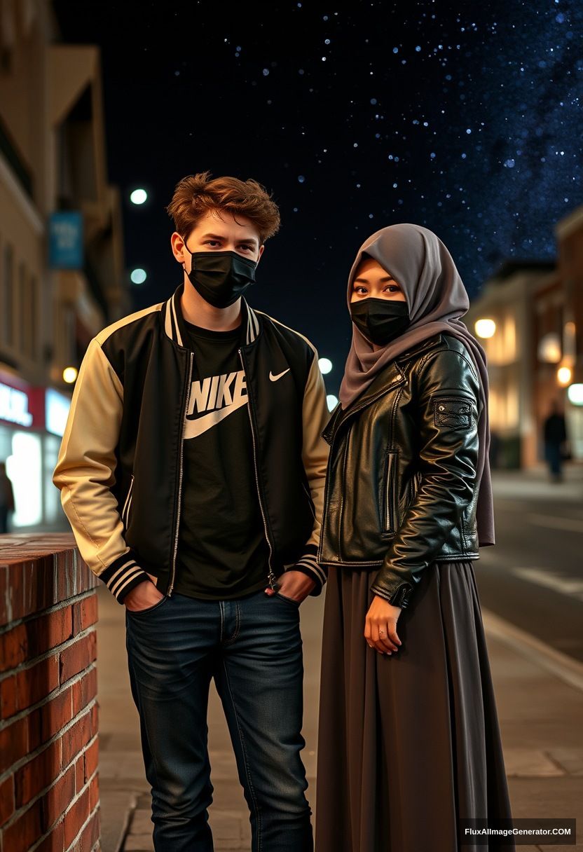 Jamie Dornan, youngest, black face mask, collage jacket, Nike t-shirt, jeans, tall man, fit body,

Dating, love with a big grey hijab Muslim girl, beautiful eyes, black face mask, leather jacket, largest longest skirt, shorter girl,

standing at a brick wall, in town, night scenery, Milky Way, hyper-realistic, photorealistic, street photography. - Image