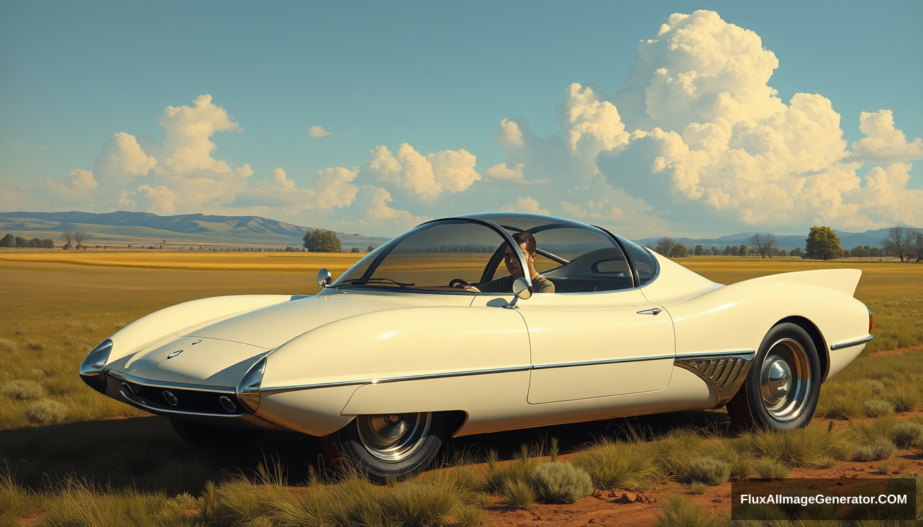 A radical concept car from the 1960s, as painted by Syd Mead, country setting, 4k, bubble canopy, retractable landing gear.