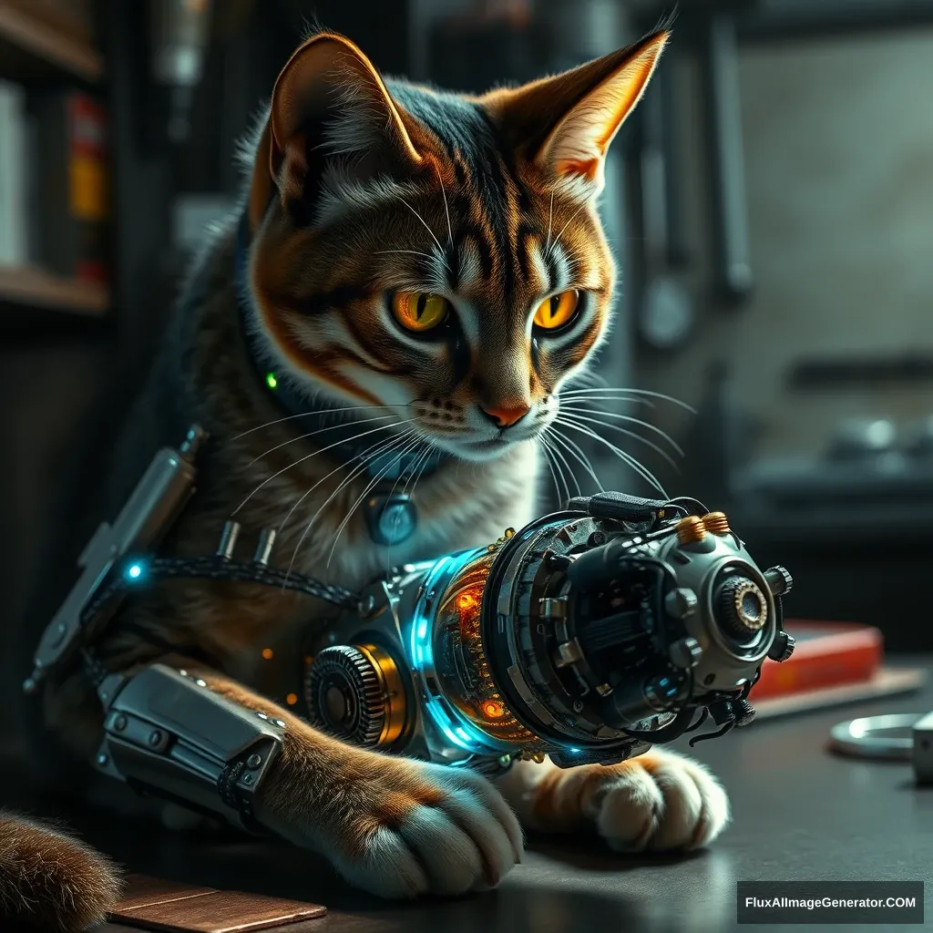 A cybernetic feline meticulously repairs its robotic tail, exposing intricate gears and pulsing circuits. Hyper-realistic details reveal oily metal, flickering LEDs, and synthetic fur. The cat's eyes glow with determination, set against a futuristic workshop backdrop. Shadows emphasize the surreal melding of organic and artificial.