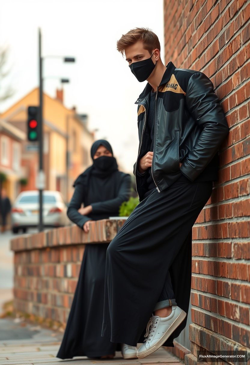 Jamie Dornan, handsome, young, black face mask, collage jacket, jeans, dating a beautiful Muslim girl in a black hijab, with beautiful eyes, black face mask, black leather jacket, sneakers, in the biggest longest skirt, standing and laying against a brick wall, in a town, morning scenery, photorealistic, street photography.