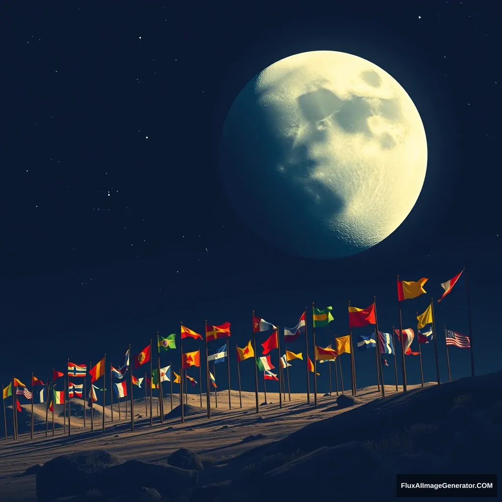 "Logged on to the moon, there are many flags."