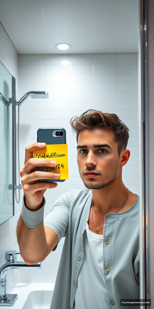 Man in sleek modern bathroom, capturing mirror selfie with smartphone. Holds neon yellow post-it note reading "r/stablediffusion" "10/08/24". Hyper-realistic style: razor-sharp details, lifelike textures. Gleaming chrome fixtures, soft ambient lighting. Expression of mild curiosity. Millennial aesthetic, tech-savvy atmosphere. - Image