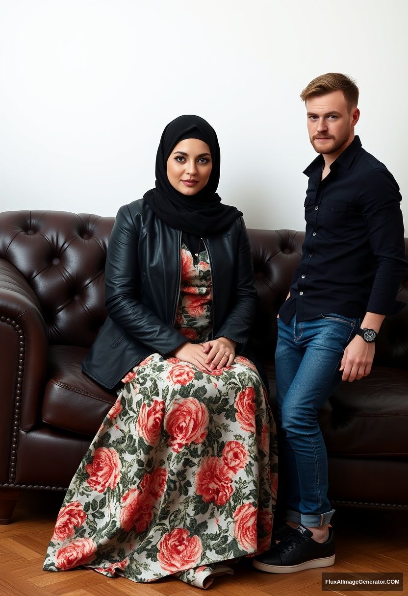 A biggest black hijab girl, burqa, beautiful eyes, black leather jacket, biggest floral long dress, black leather sneaker, sitting on leather single sofa, Jamie Dornan, black shirt, jeans, black leather sneaker, fit body, standing near her, hyper realistic, studio photography. - Image