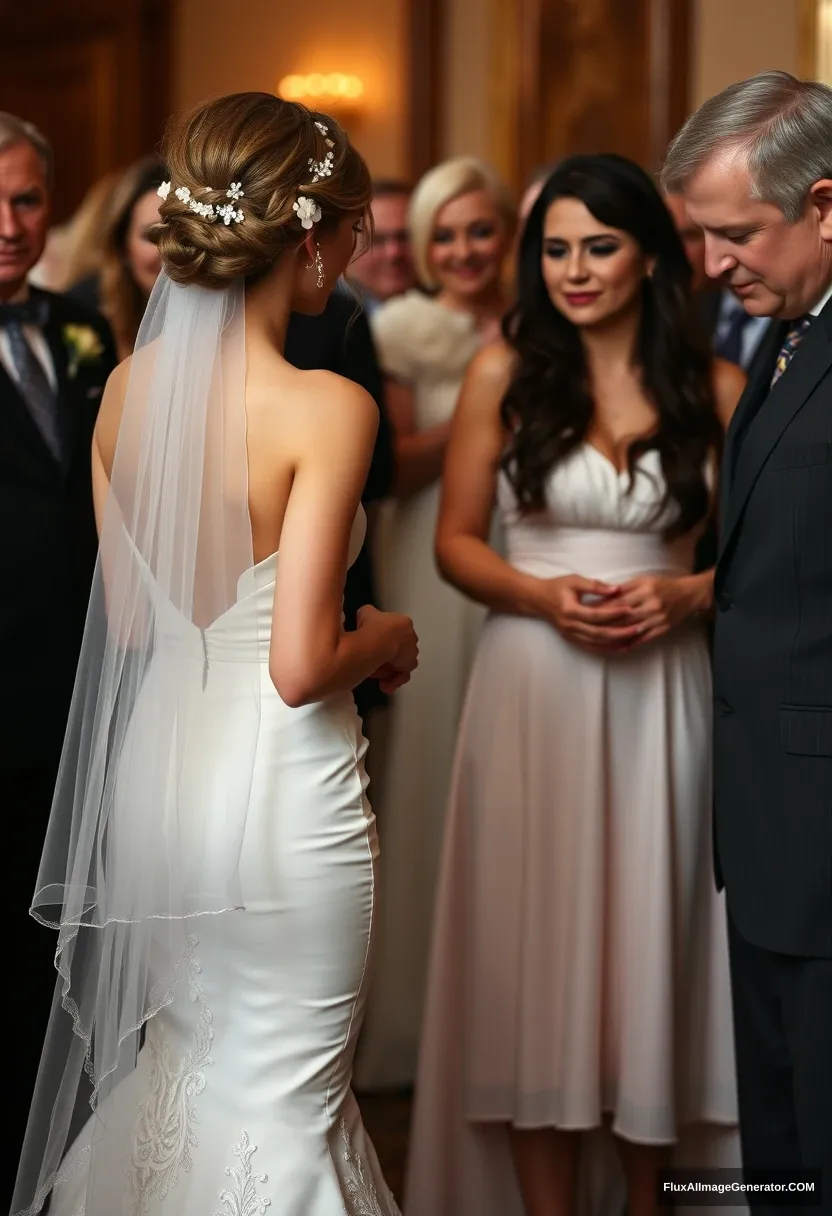 A petite young woman, sensitive, delicate, affectionate, compassionate, backless strapless side-less low-waisted thigh-cut contouring wedding dress. Fawning obediently mingling with fathers. Expectations. Perfect posture. Pale skin. - Image