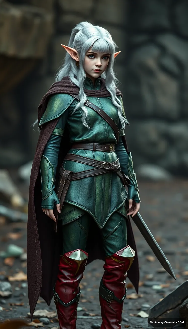 gorgeous and elegant girl elf warrior (Emma Watson), full body shot, platinum colored hair, greenish metallic military uniform, reddish military metallic boots, dark brown cloak, realistic photo, 8K, Unreal Engine. - Image