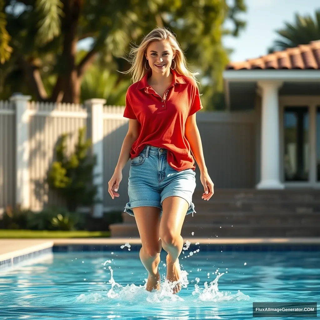 Front view of a young, skinny blonde woman in her early twenties with a nice tan, standing in her large backyard. She is wearing an oversized red polo t-shirt that is slightly uneven on one shoulder, with the collar and the bottom part untucked. She has on large light blue denim shorts and is barefoot. She jumps into the pool, splashing slightly as her legs hit the water.