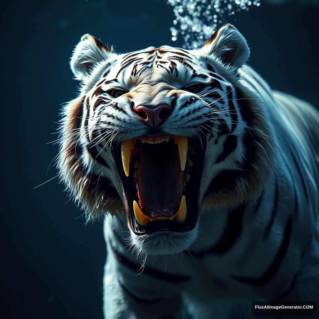 A white tiger with sharp teeth in high light, hyper-realistic, diving underwater, wet and drenched fur, dark white and amber.