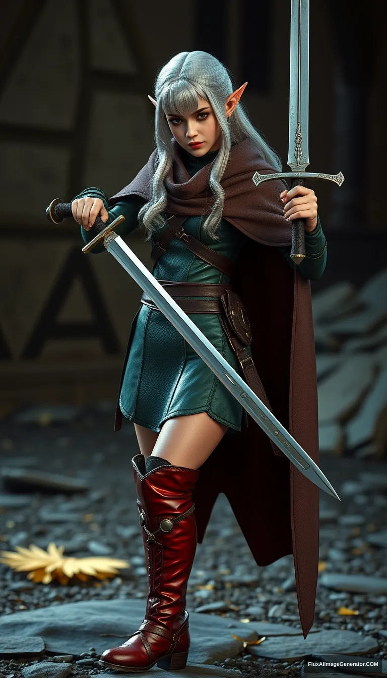 Gorgeous and elegant girl elf warrior (Emma Watson) guards with a sword, full body shot, platinum colored hair, greenish metallic military uniform, reddish military metallic boots, dark brown cloak, hyper-realistic photo, Unreal Engine.