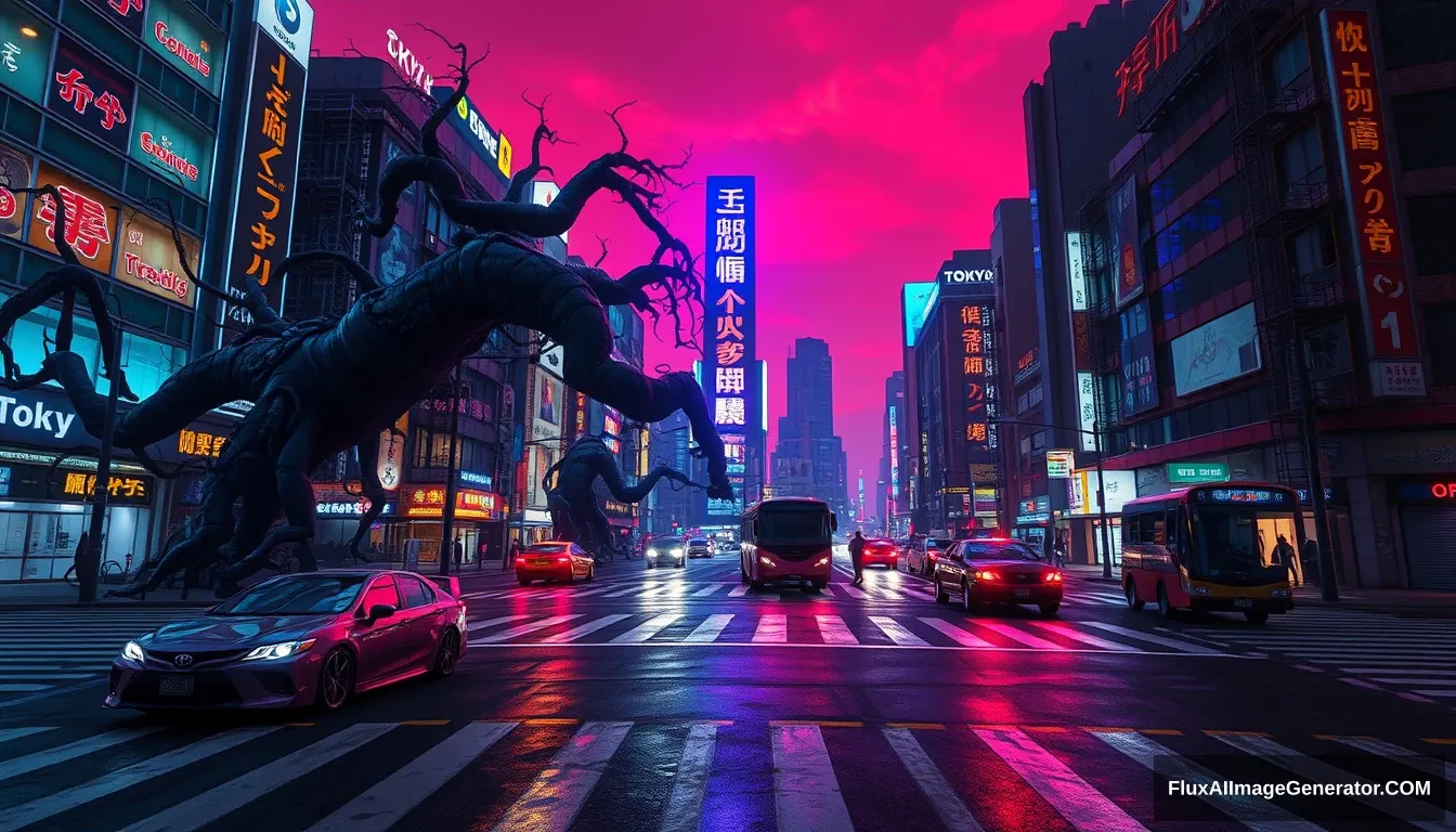 A cyberpunk style video game concept painting, wide-angle city view, Shibuya Scramble Crossing, Tokyo is corrupted by giant vines, night scene, crosswalk line, abandoned vehicles, blue and purple neon lights, sky is dyed red.