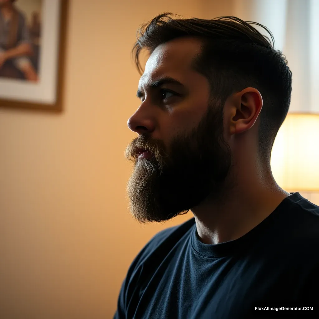 Bearded man in deep thought in a lightly lit room.