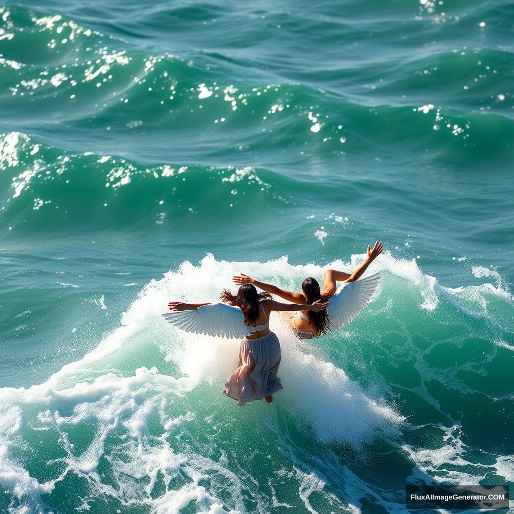 "People are soaring in the waves, growing wings, high quality, with a background of emerald green surf."