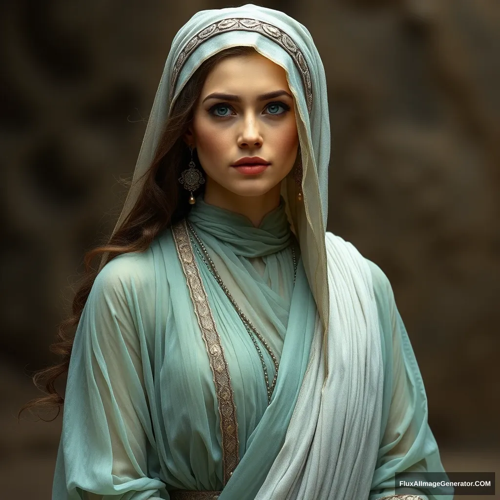 A woman in ancient costume, wearing a greenish-blue sheer outfit and a silver-white shawl, with a tall figure.