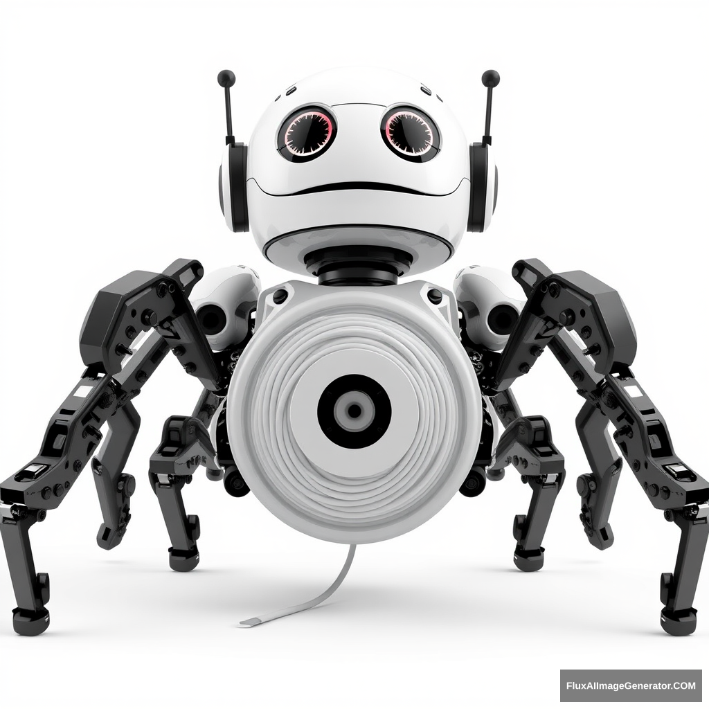 3D render of a robot in the shape of a spider, with a spool of optical cable instead of a belly. The robot appears positive, designed for advertising, with a monochrome light-colored background. - Image