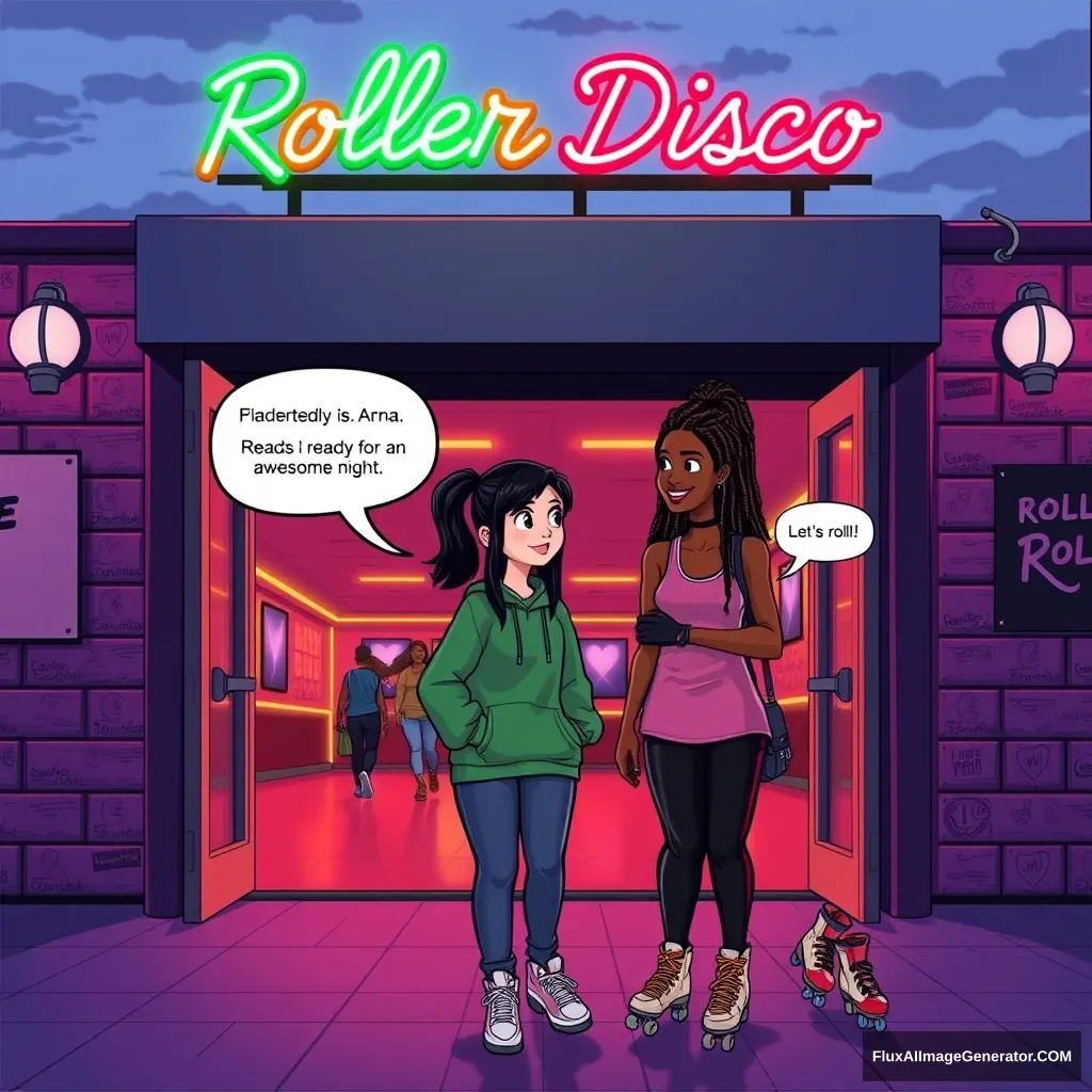 Scene: The entrance of a roller disco at dusk. The neon sign above the entrance reads "Roller Disco" in bright colors. There are a few people walking in.  
Anna: Medium height, straight black hair in a ponytail, wearing a green hoodie, jeans, and sneakers. She looks excited. (speech bubble): "Ready for an awesome night?"  
Sally: Dark-skinned, dreadlocks, wearing a pink tank top, black leggings, and roller skates hanging over her shoulder. She is smiling and looking at Anna. (speech bubble): "Let's roll!" - Image