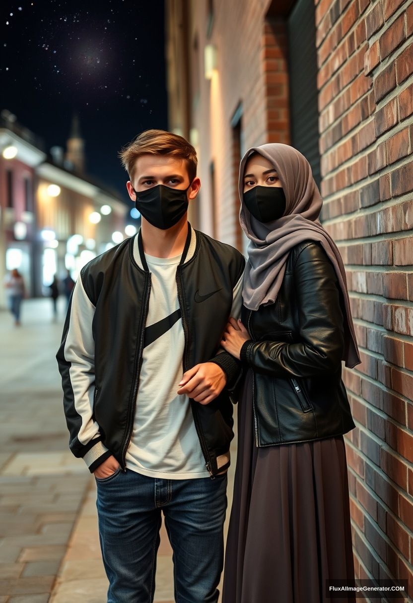 Jamie Dornan, youngest, black face mask, collage jacket, Nike t-shirt, jeans, tall man, fit body,

Dating, love with the biggest grey hijab Muslim girl, beautiful eyes, black face mask, leather jacket, biggest longest skirt, slim, petite girl, love holding his arm,

Standing at a brick wall, spoiler, in town, night scenery, Milky Way, hyper-realistic, photorealistic, street photography. - Image