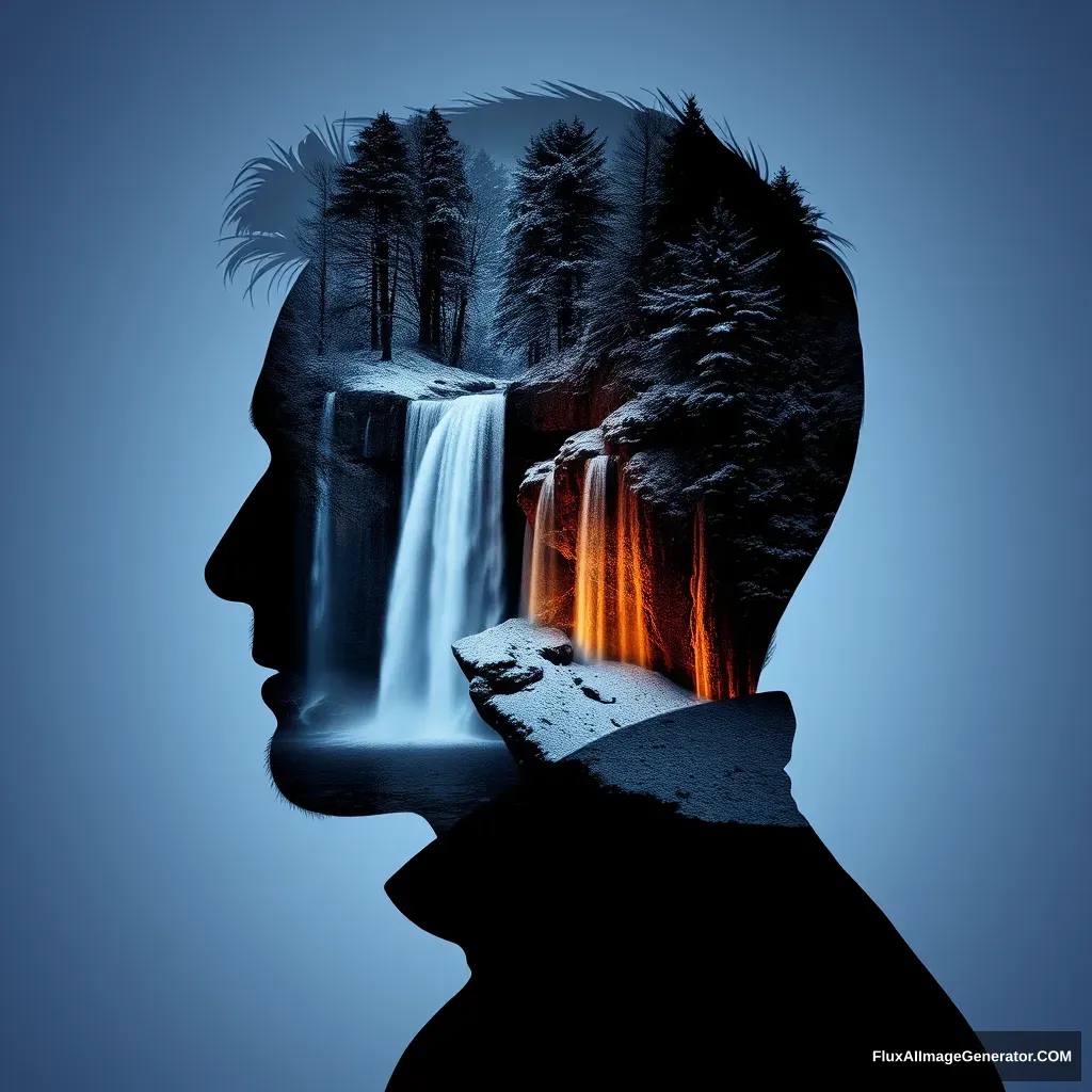 "[Abstract style waterfalls, snowing] inside the silhouette of a [man]’s head that is a double exposure photograph. Non-representational, colors and shapes, expression of feelings, imaginative, highly detailed."