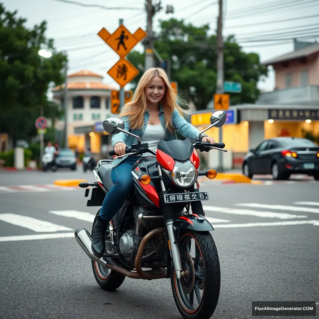 At the crossroads, there is a young blonde woman riding a motorcycle, with Chinese characters, or Japanese would be fine too.