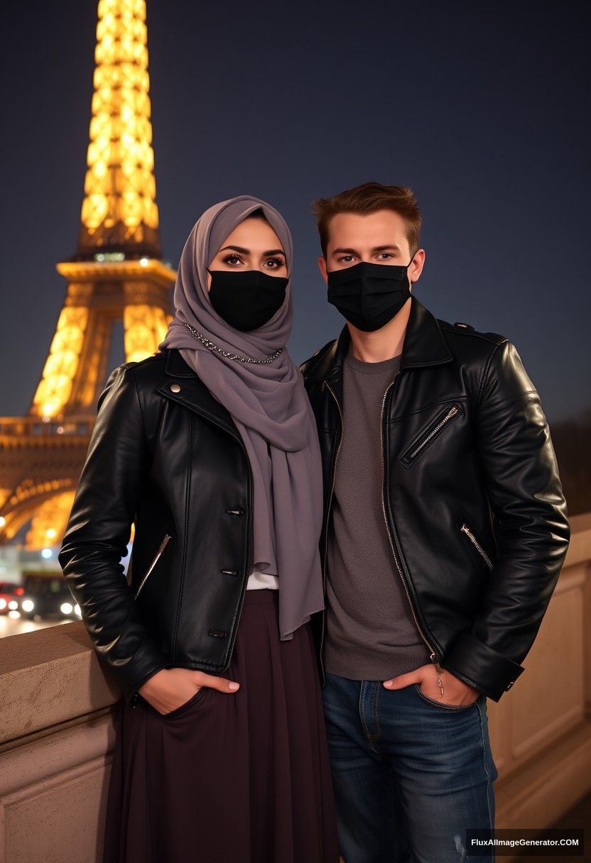 Biggest grey hijab Muslim girl, beautiful eyes, black face mask, leather jacket, biggest longest skirt, standing near Eiffel Tower, dating love with Jamie Dornan, tall, college jacket, jeans, black face mask, night scenery, hyper realistic, photorealistic, selfie photos.