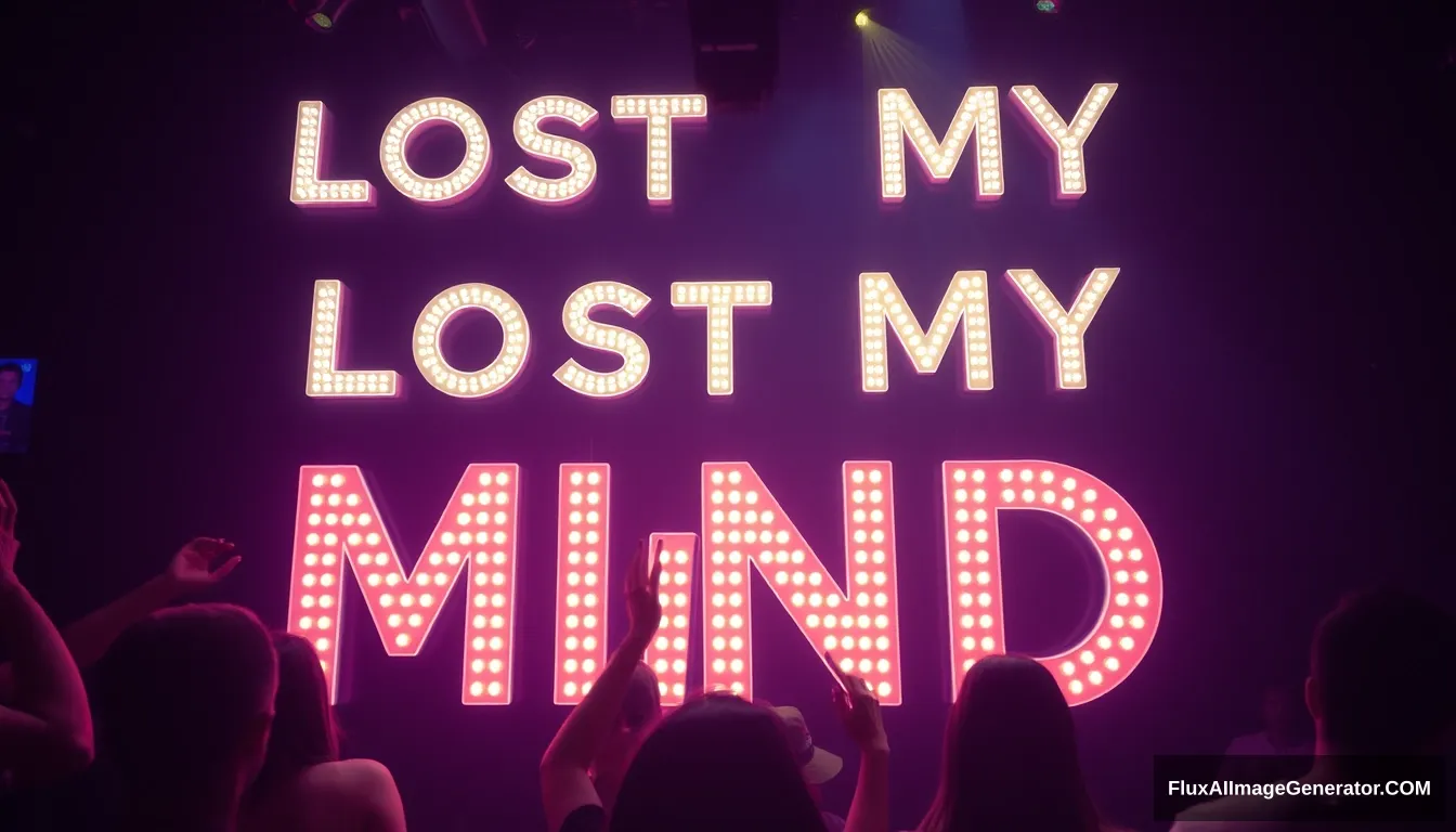 Lost my mind in the club, people dancing, glowing 3D text saying "Lost My Mind". - Image