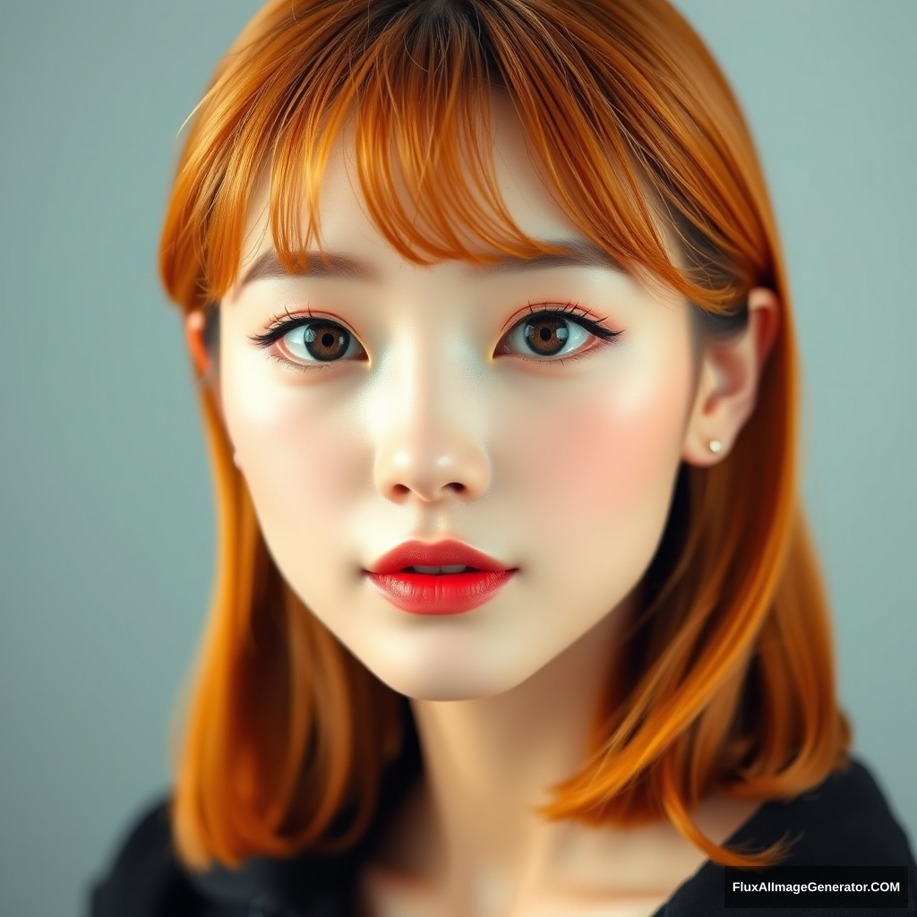 Portrait of a stunningly beautiful young Korean woman with golden ratio facial features, Ulzzang makeup style, Tangerine Mullet hairstyle, large expressive eyes, soft gradient eye shadow, subtle winged eyeliner, long lashes, straight eyebrows, dewy glowing skin, peach-toned blush, glossy lips, perfect facial symmetry, harmonious facial proportions, short layered hair on top, longer hair at the back, face-framing bangs, warm orange hair color, soft studio lighting, high-resolution image, dreamy atmosphere. - Image