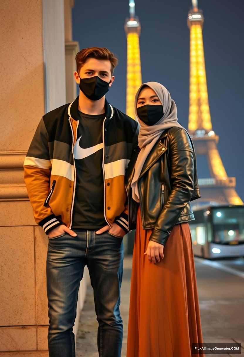 Jamie Dornan, youngest, black face mask, collage jacket, Nike t-shirt, jeans, tall man, fit body,

Dating, love with the biggest grey hijab Muslim girl, beautiful eyes, black face mask, leather jacket, biggest longest skirt, cute short girl,

standing at the wall, Eiffel Tower, night scenery, hyper-realistic, photorealistic, street photography.